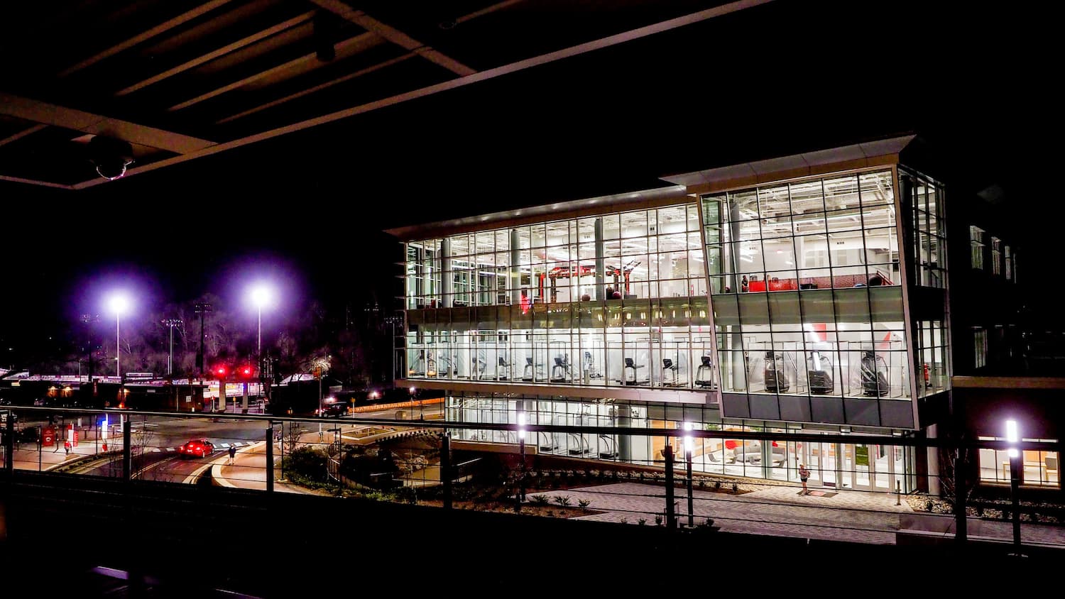 The Wellness and Recreation Center on Cates Avenue is an active campus spot at night.